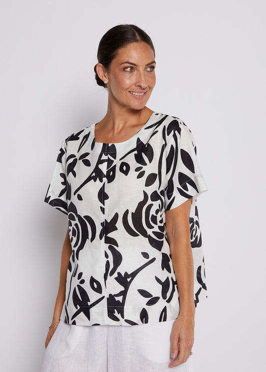 Linen Cotton Short Sleeve Swing Top in Black and White Floral
