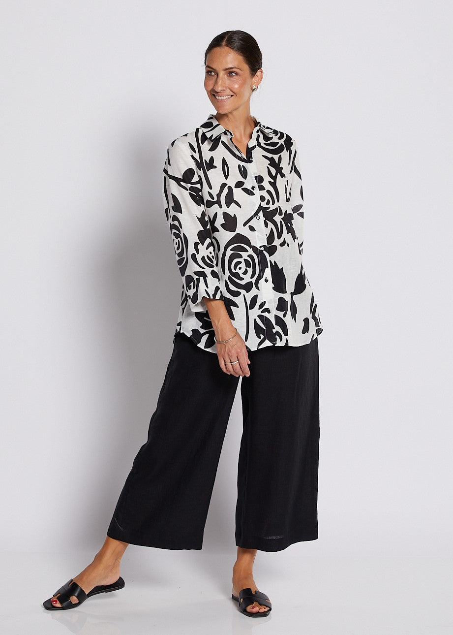 Linen Cotton 3/4 Sleeve Swing Shirt  in Black and White Floral