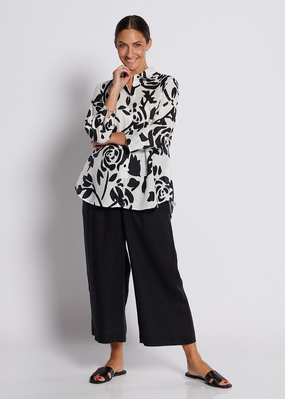 Linen Cotton 3/4 Sleeve Swing Shirt  in Black and White Floral
