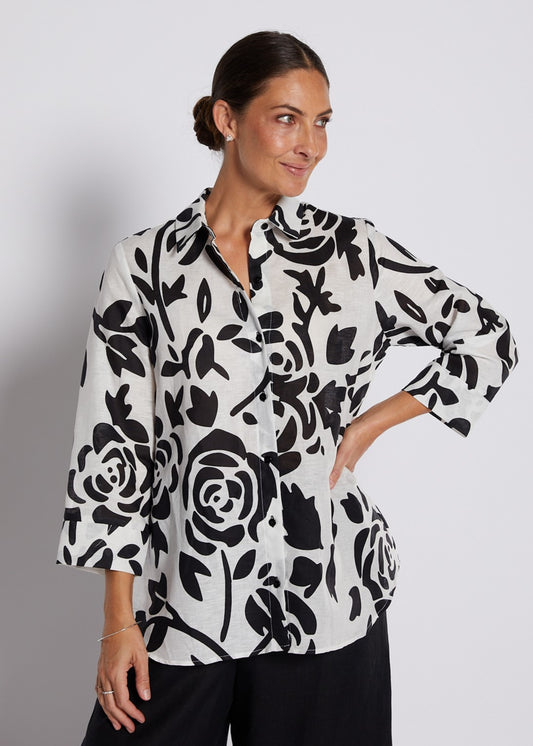 Linen Cotton 3/4 Sleeve Swing Shirt  in Black and White Floral