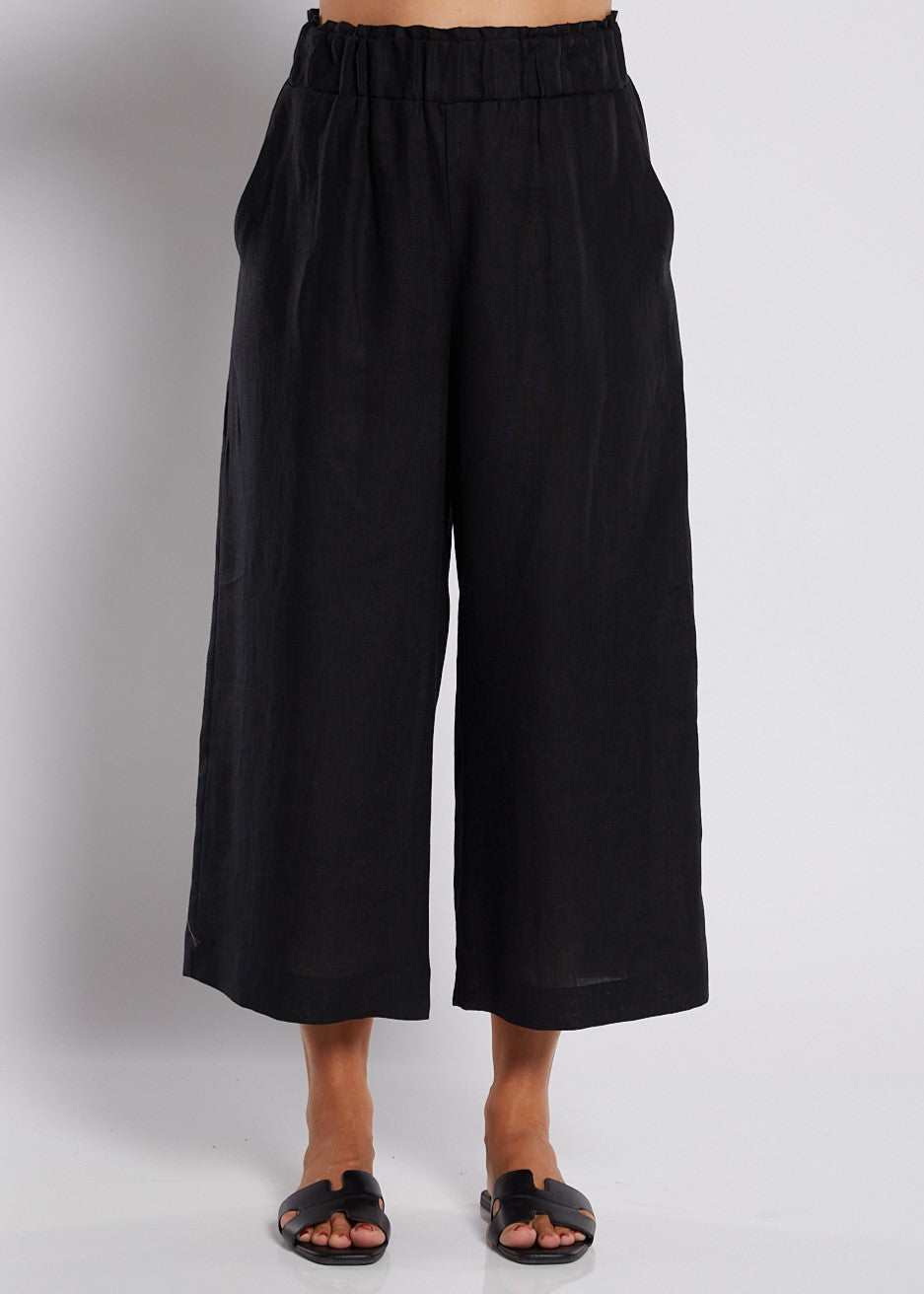 100% Luxe LInen Wide Leg Crop Pant with Pockets in Black