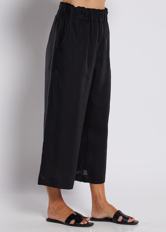 100% Luxe LInen Wide Leg Crop Pant with Pockets in Black