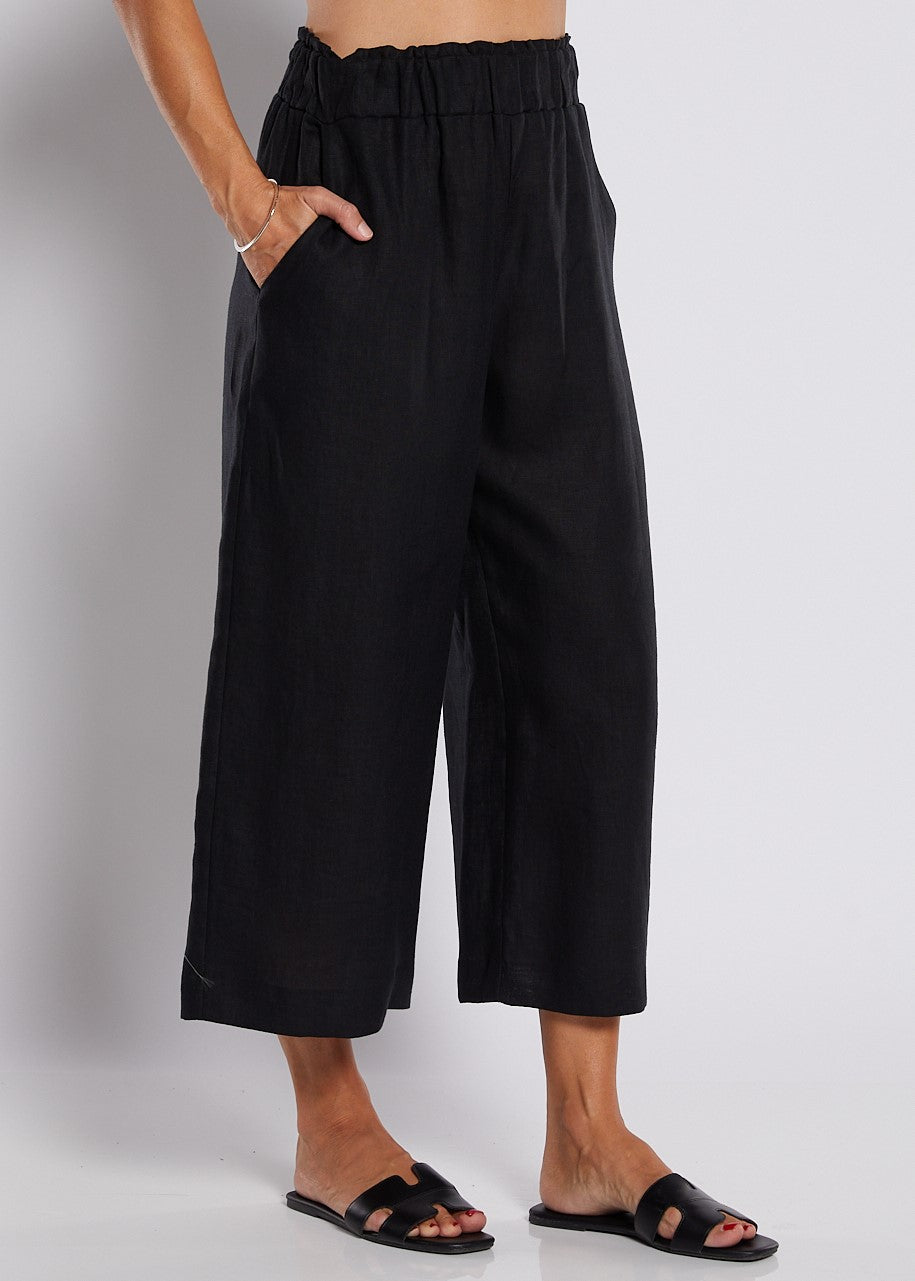 100% Luxe LInen Wide Leg Crop Pant with Pockets in Black