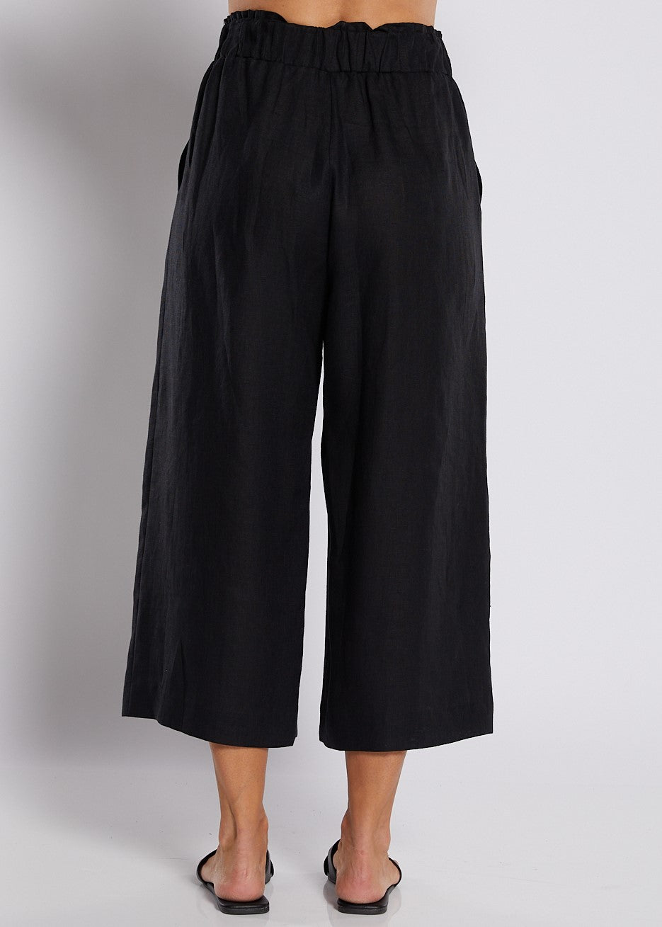 100% Luxe LInen Wide Leg Crop Pant with Pockets in Black