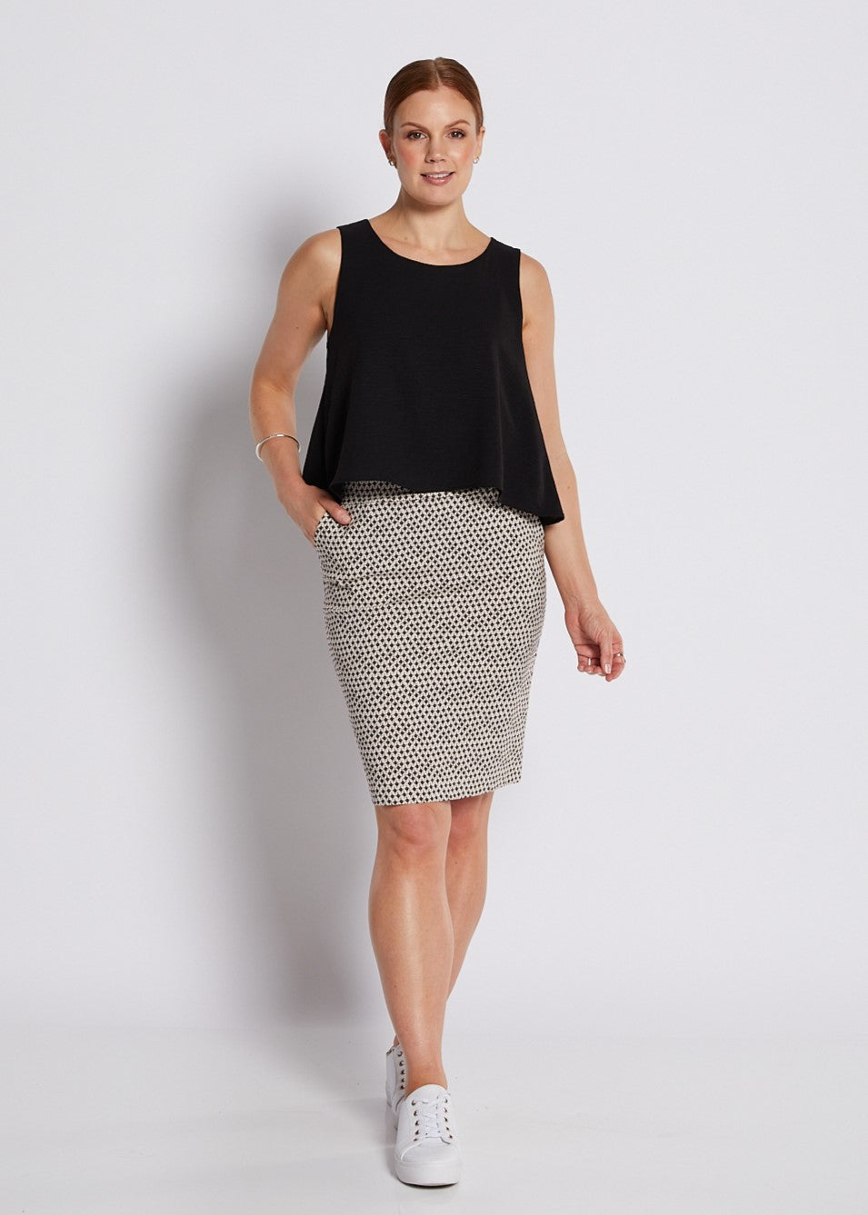 Bengaline Printed Pocket Skirt in Neutral Beige Print