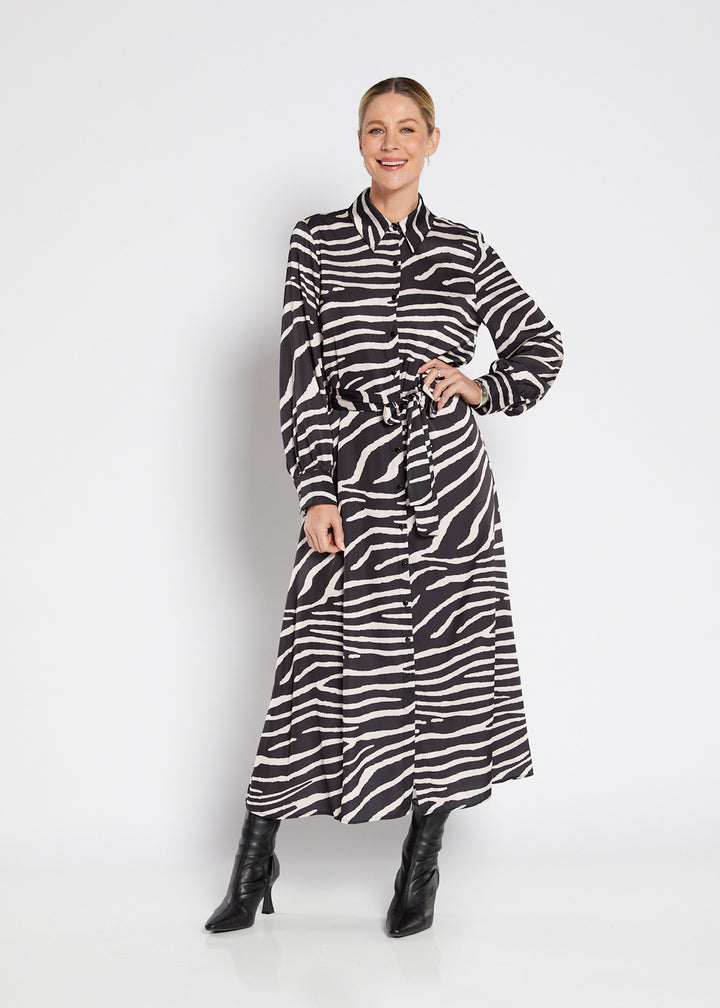 Philosophy Australia Bartow Satin Dress in Ruby Zebra Print, made in Australia