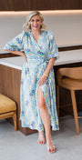 Philosophy Australia Blaire Full Length Wrap Satin Dress in Lemoncello Print