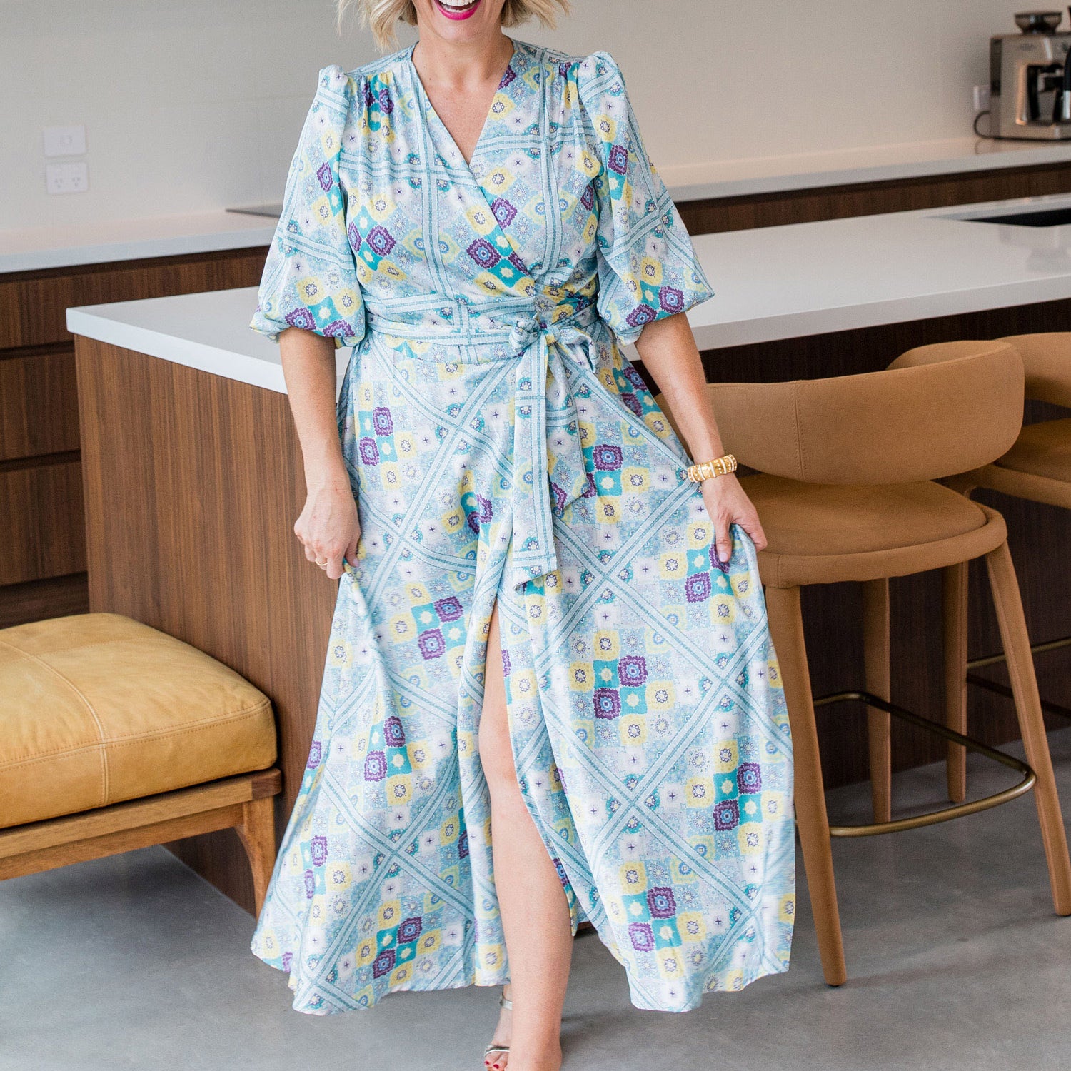 Philosophy Australia Blaire Full Length Wrap Satin Dress in Lemoncello Print