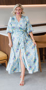 Philosophy Australia Blaire Full Length Wrap Satin Dress in Lemoncello Print