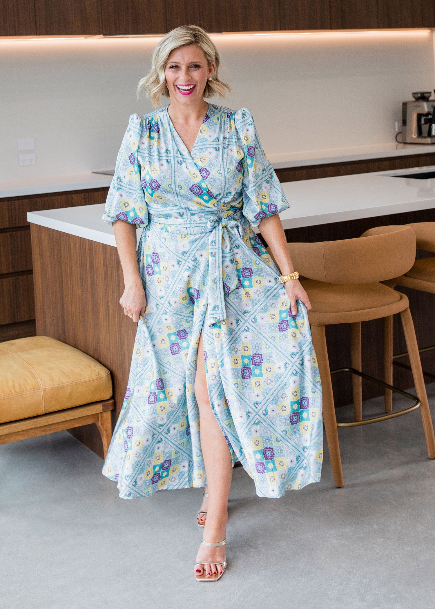 Philosophy Australia Blaire Full Length Wrap Satin Dress in Lemoncello Print