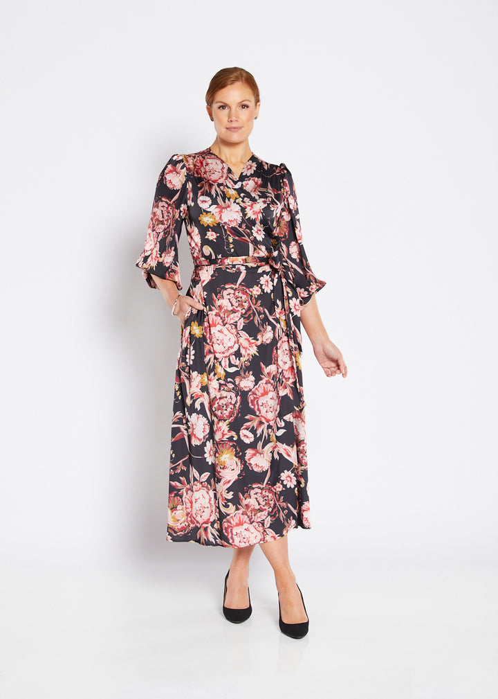 Philosophy Australia Blaire Full Wrap Satin dress in Ruby Flower Print, made in Australia
