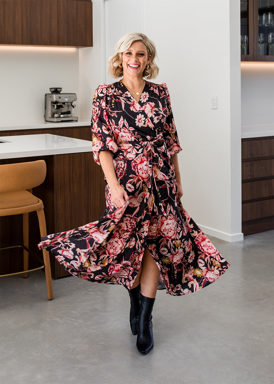 Philosophy Australia Blaire Full Wrap Satin dress in Ruby Flower Print, made in Australia