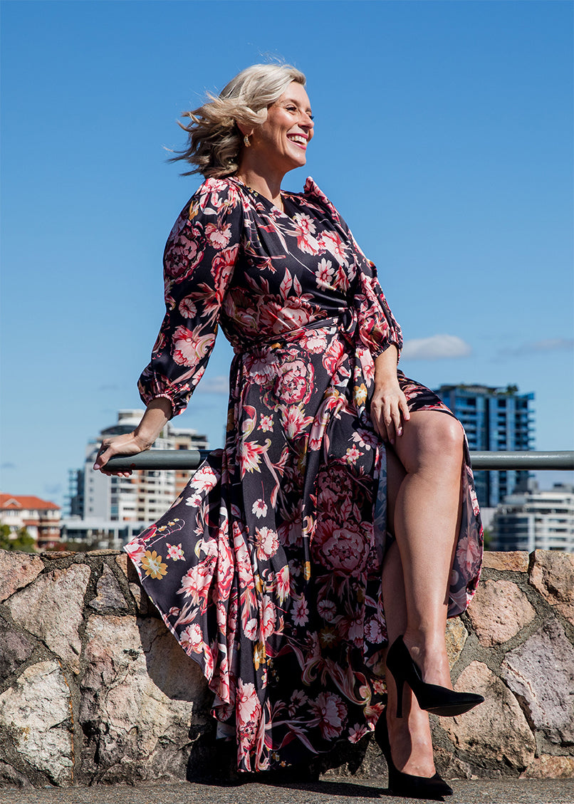 Philosophy Australia Blaire Full Wrap Satin dress in Ruby Flower Print, made in Australia