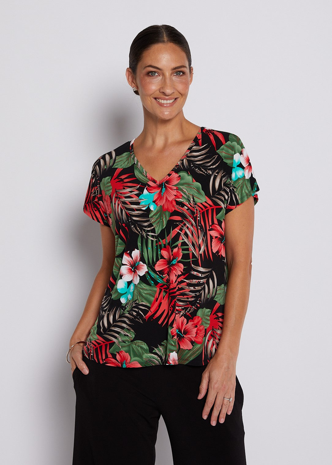 Jersey Reversible Tee Top in Red Green Tropical Print