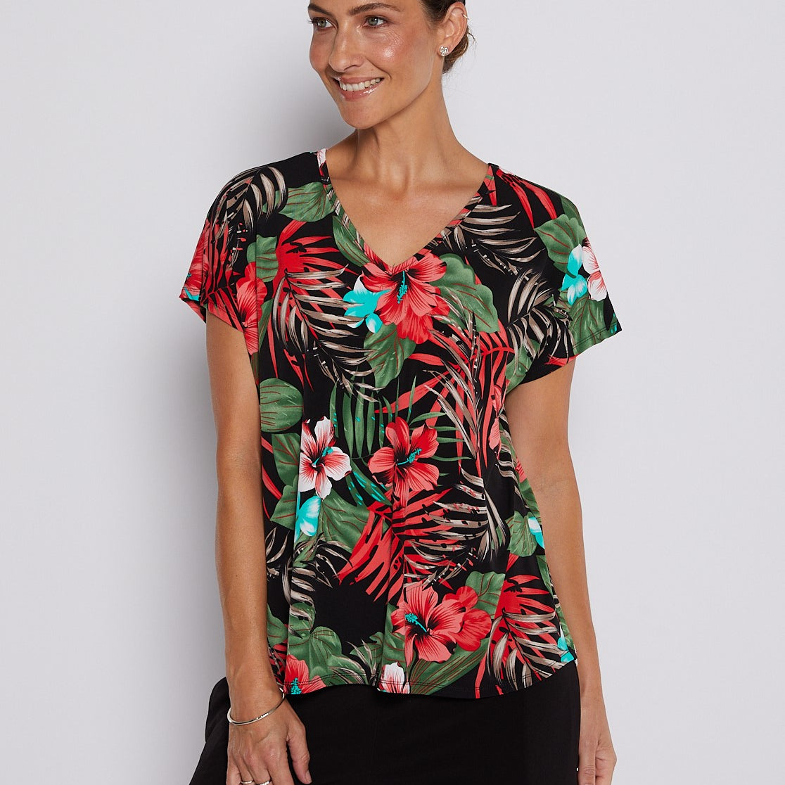 Jersey Reversible Tee Top in Red Green Tropical Print