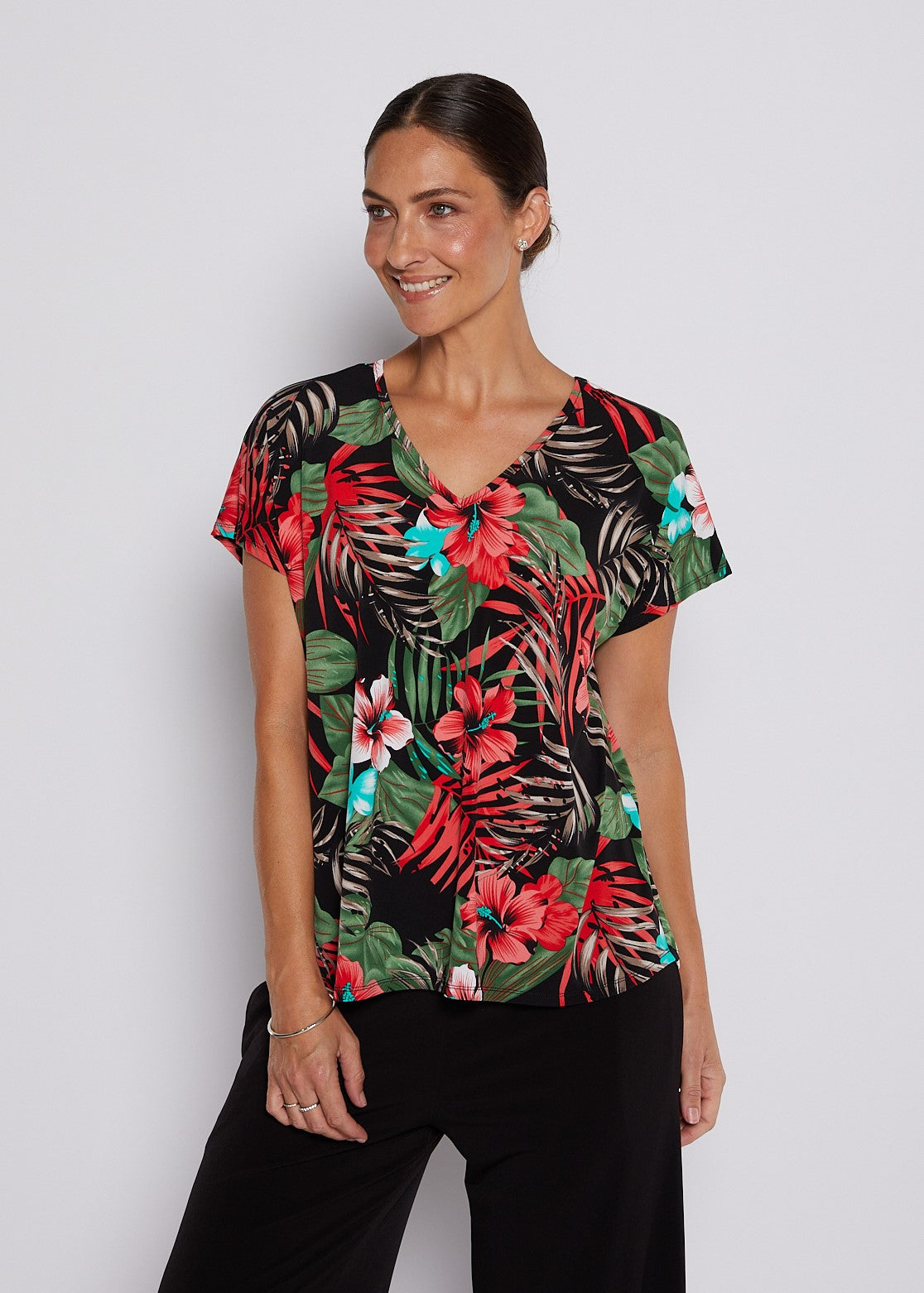 Jersey Reversible Tee Top in Red Green Tropical Print