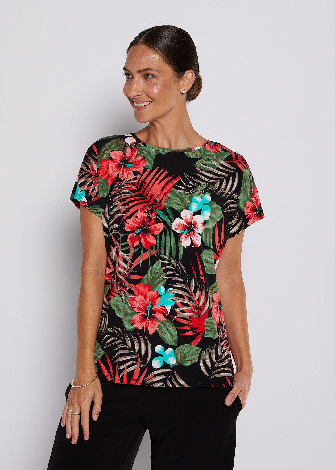 Jersey Reversible Tee Top in Red Green Tropical Print