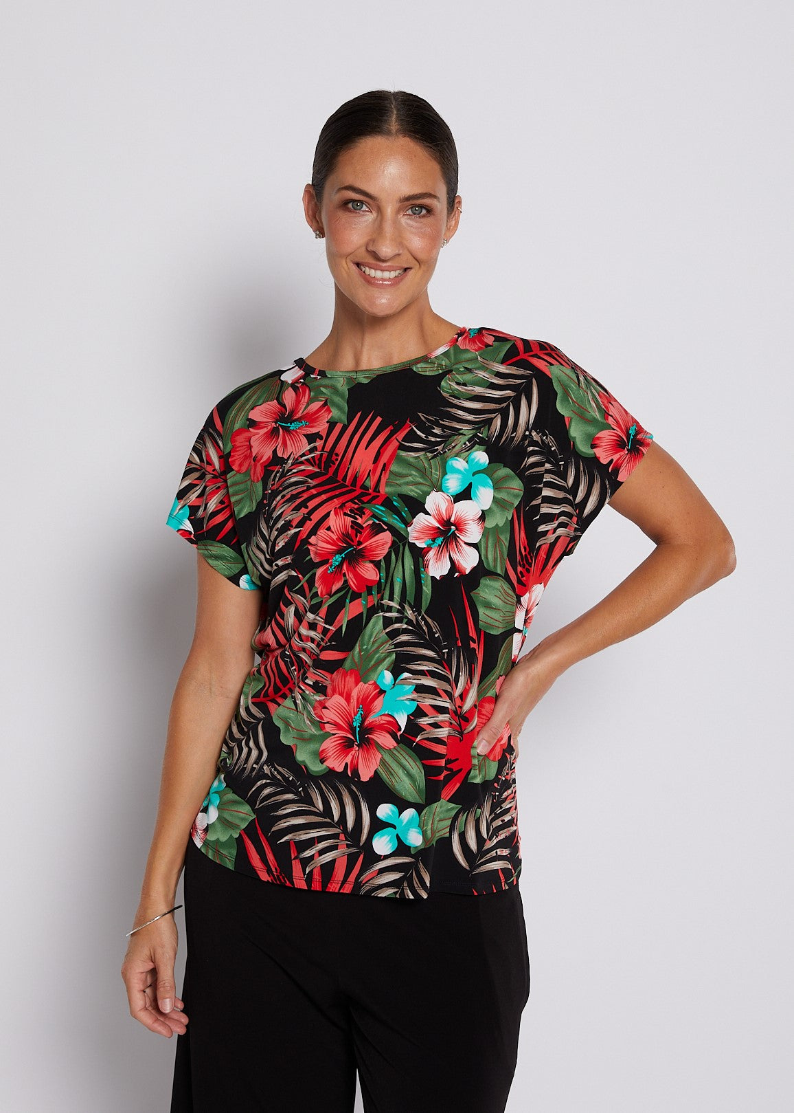 Jersey Reversible Tee Top in Red Green Tropical Print