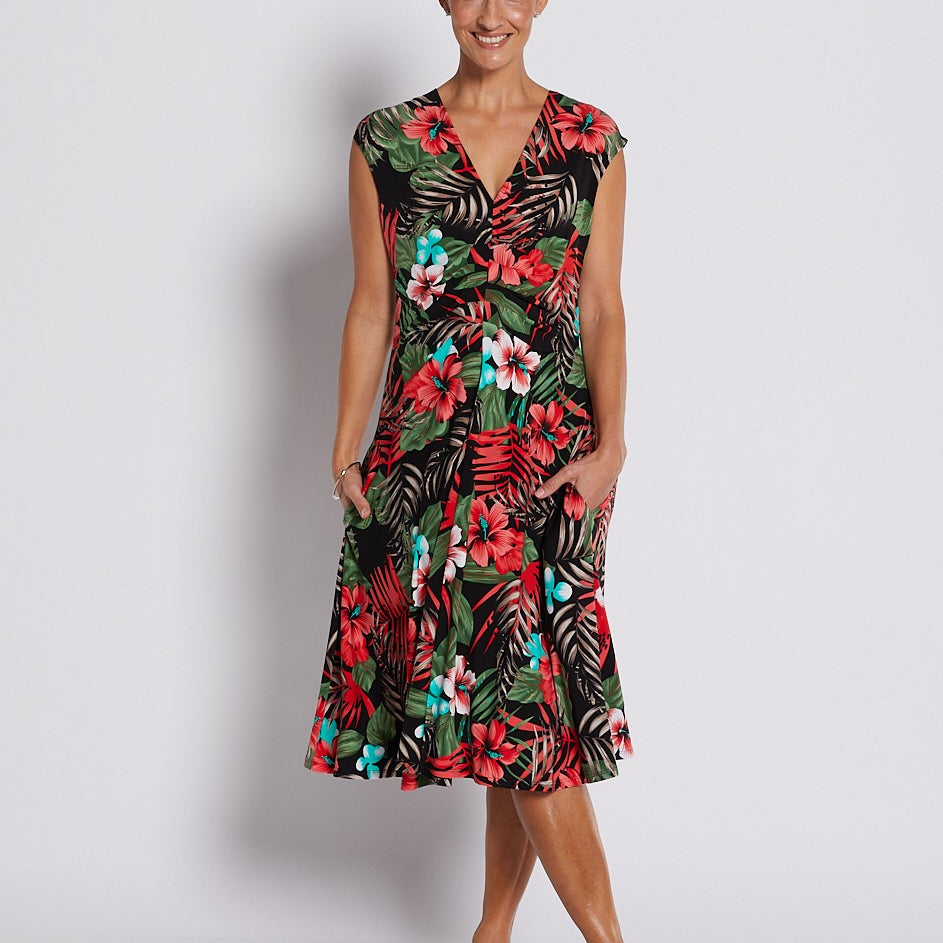 Jersey Swing Cut Sleeveless Midi Dress in Red Green Tropical Print