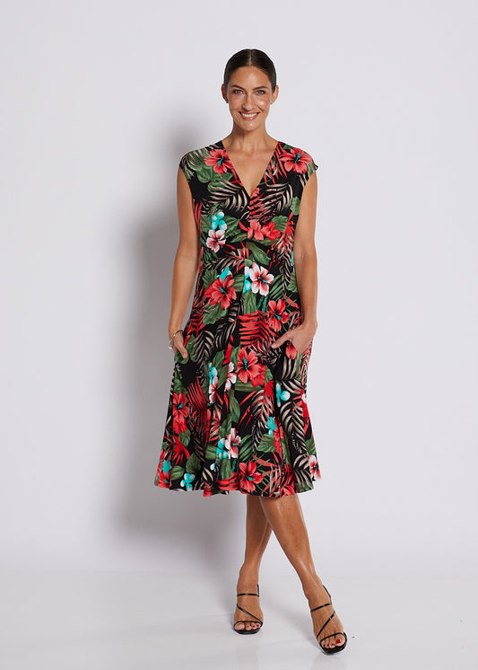 Jersey Swing Cut Sleeveless Midi Dress in Red Green Tropical Print