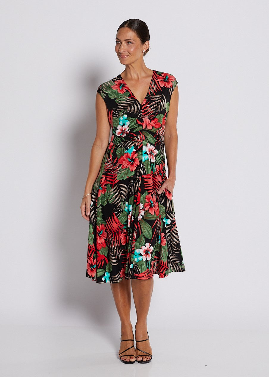 Jersey Swing Cut Sleeveless Midi Dress in Red Green Tropical Print