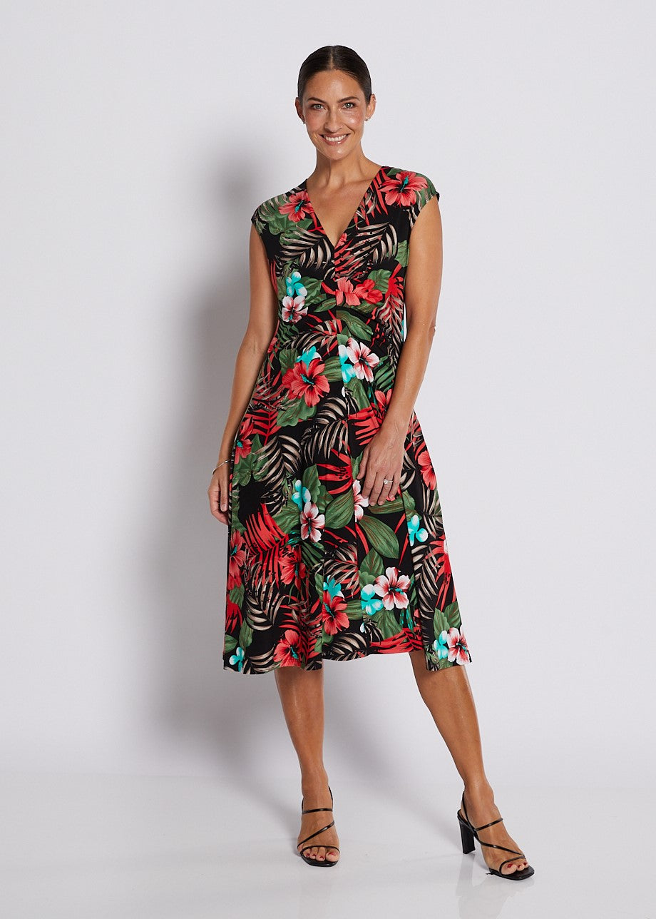 Jersey Swing Cut Sleeveless Midi Dress in Red Green Tropical Print