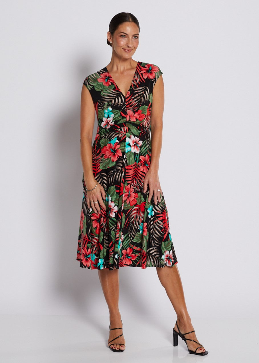 Jersey Swing Cut Sleeveless Midi Dress in Red Green Tropical Print