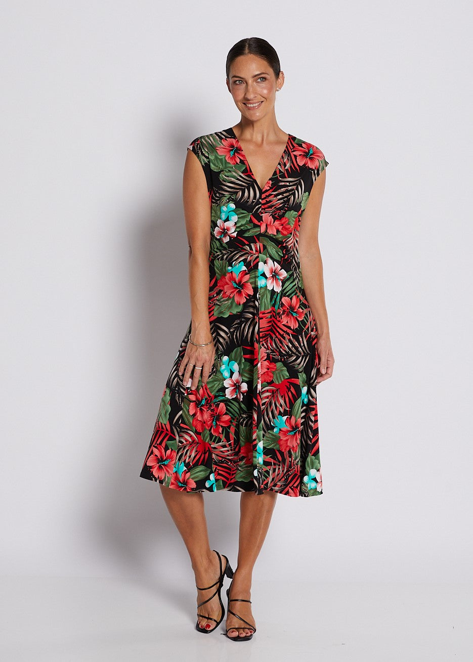 Jersey Swing Cut Sleeveless Midi Dress in Red Green Tropical Print
