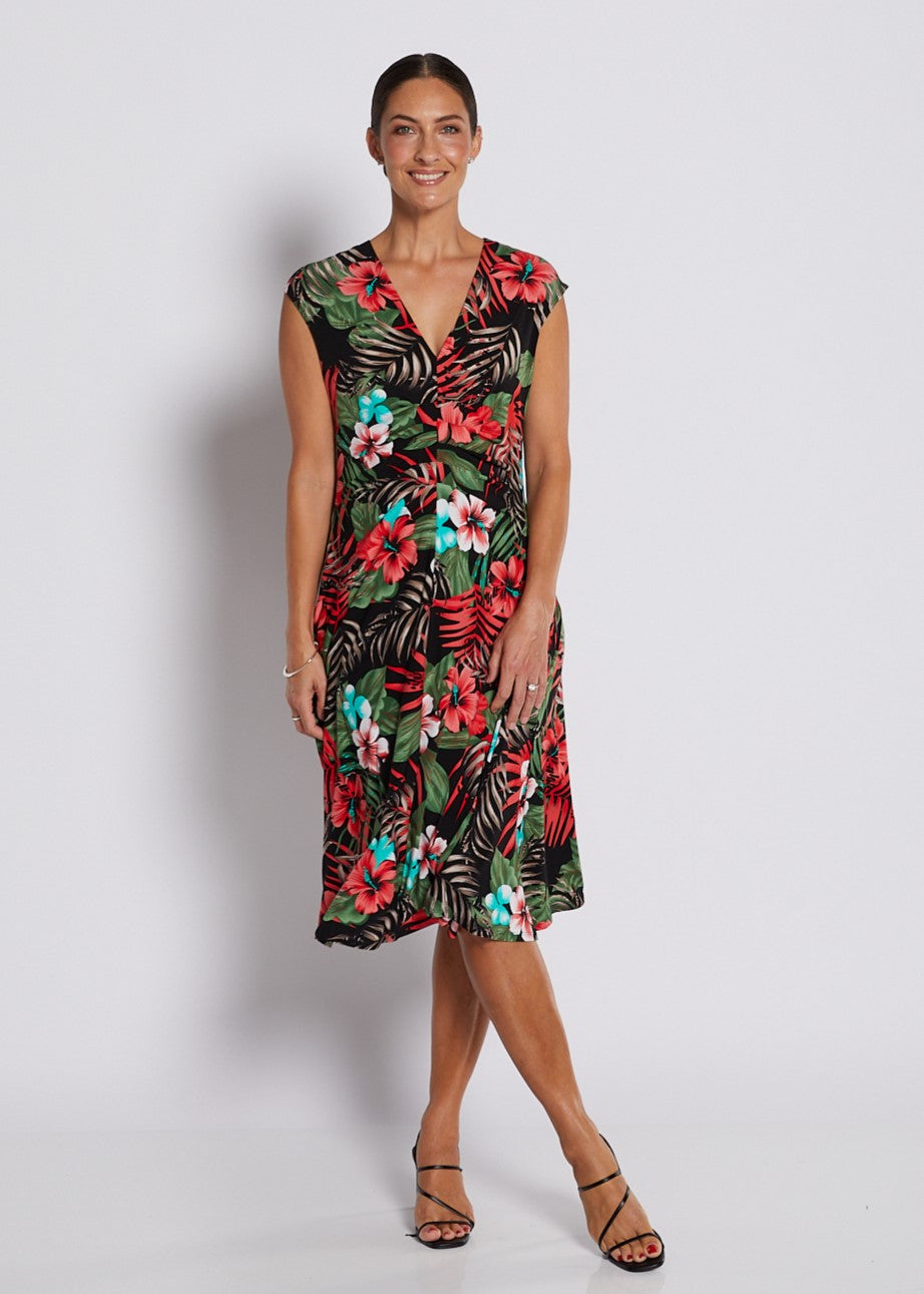 Jersey Swing Cut Sleeveless Midi Dress in Red Green Tropical Print