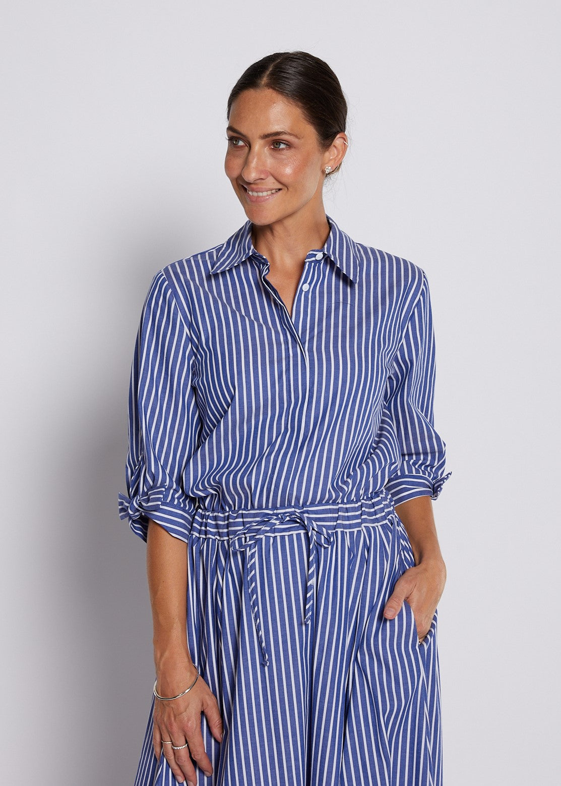 Cotton Stripe 3/4 Sleeve Tie Cuff Shirt in Indigo and White