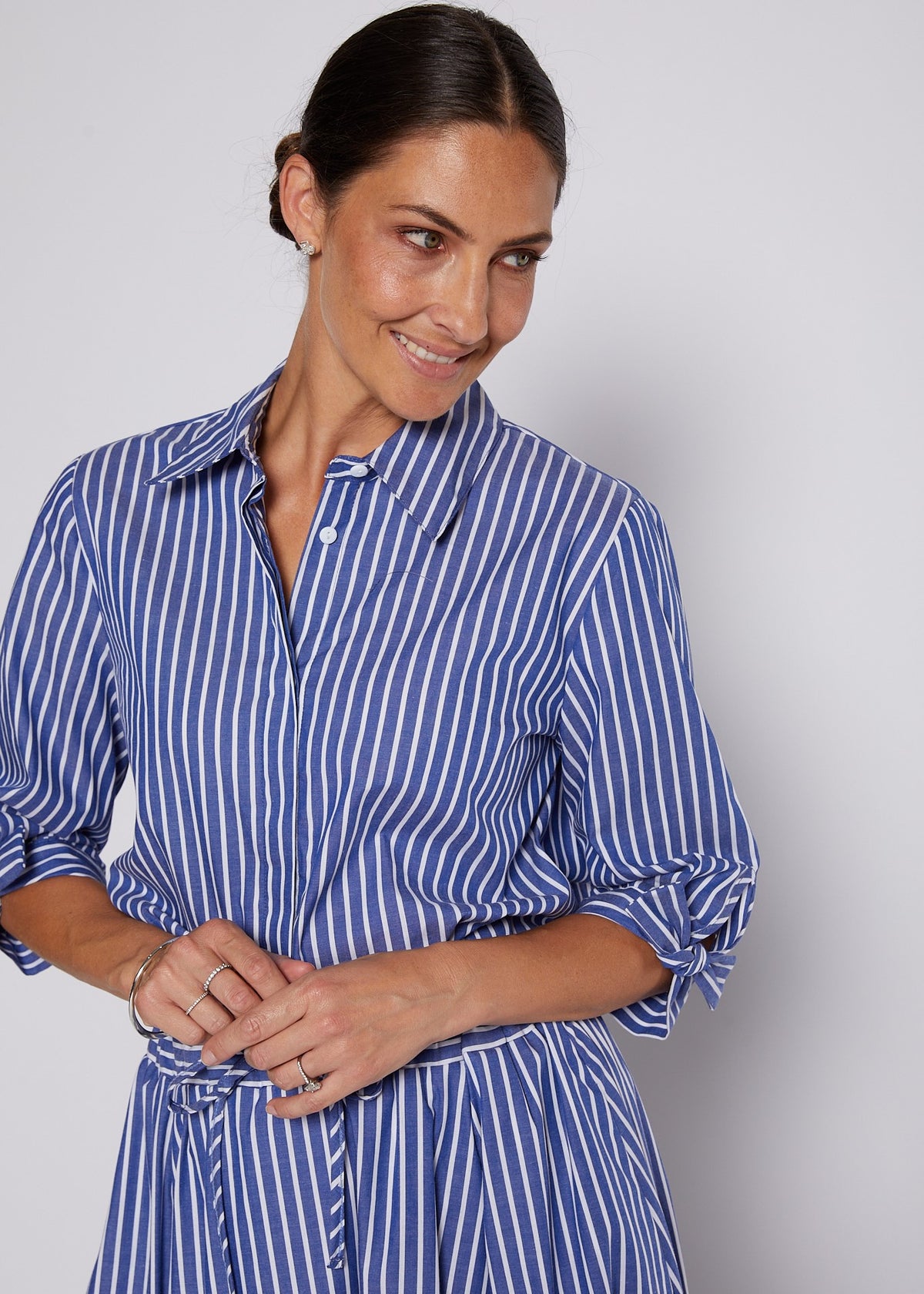 Cotton Stripe 3/4 Sleeve Tie Cuff Shirt in Indigo and White
