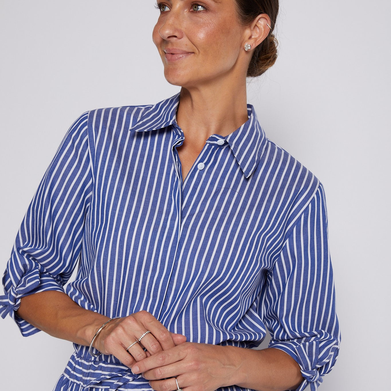 Cotton Stripe 3/4 Sleeve Tie Cuff Shirt in Indigo and White
