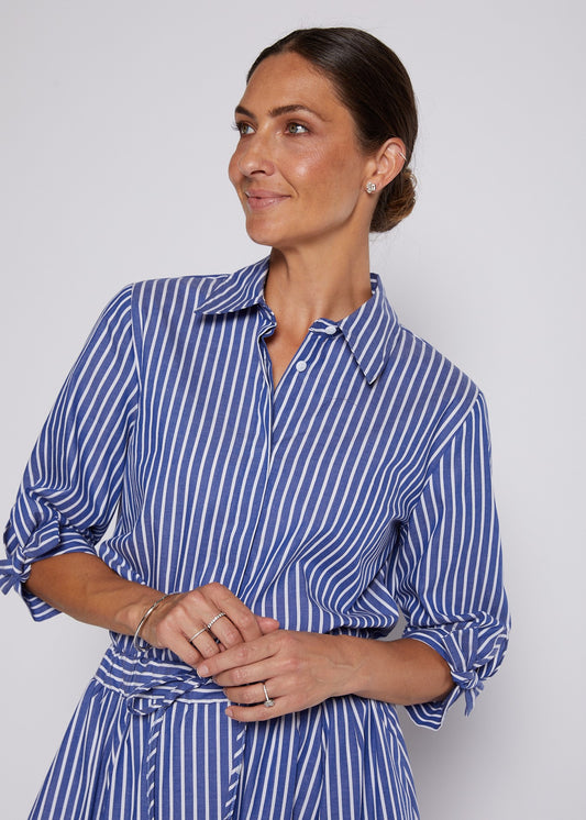 Cotton Stripe 3/4 Sleeve Tie Cuff Shirt in Indigo and White