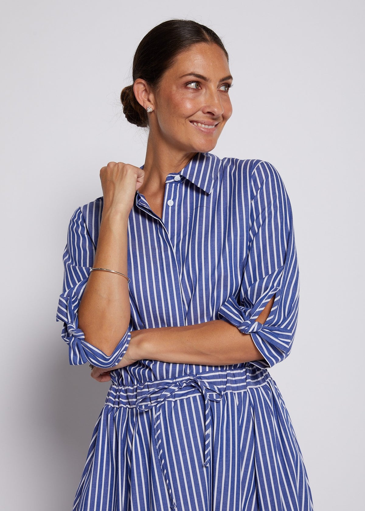 Cotton Stripe 3/4 Sleeve Tie Cuff Shirt in Indigo and White