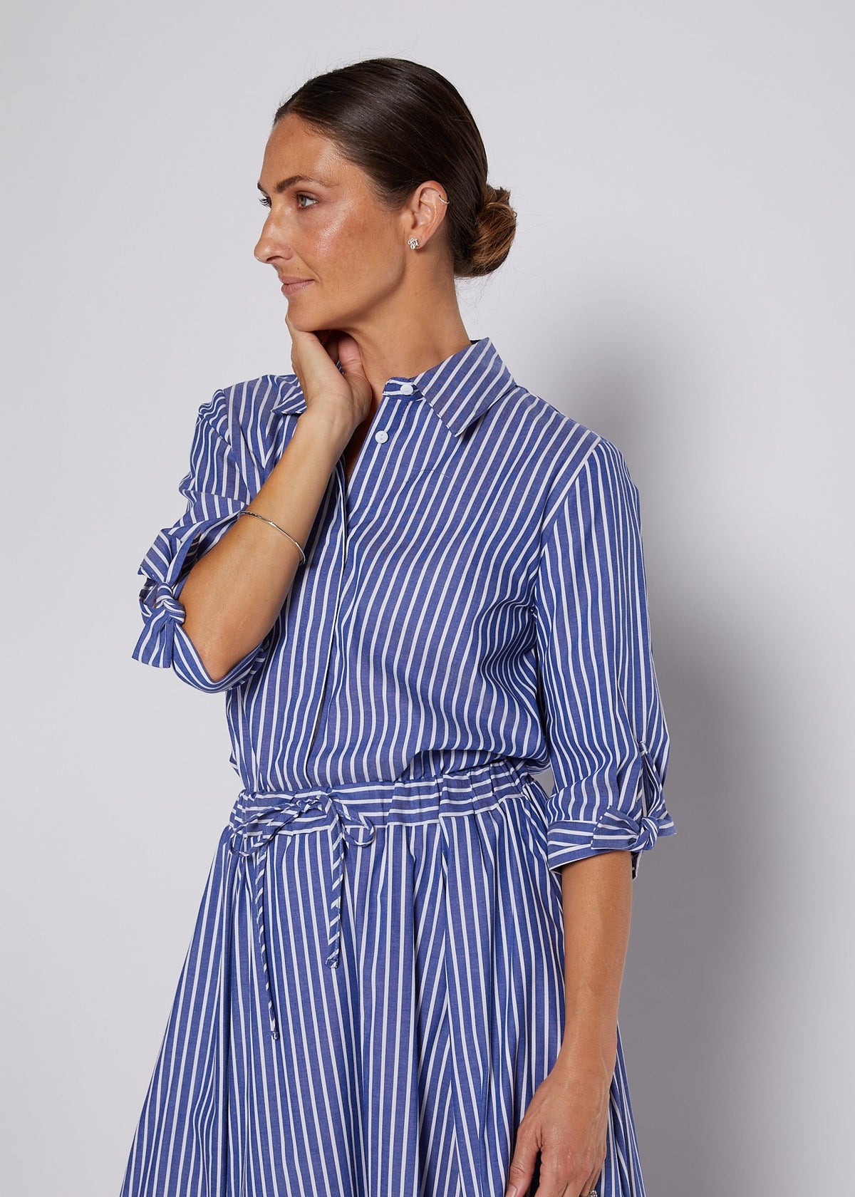 Cotton Stripe 3/4 Sleeve Tie Cuff Shirt in Indigo and White