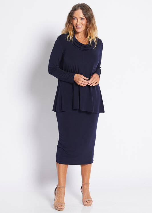 Tina Foundation slinky jersey midi tube skirt in navy