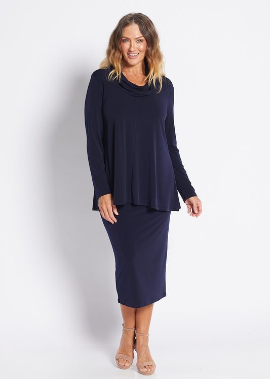 Tina Foundation slinky jersey midi tube skirt in navy
