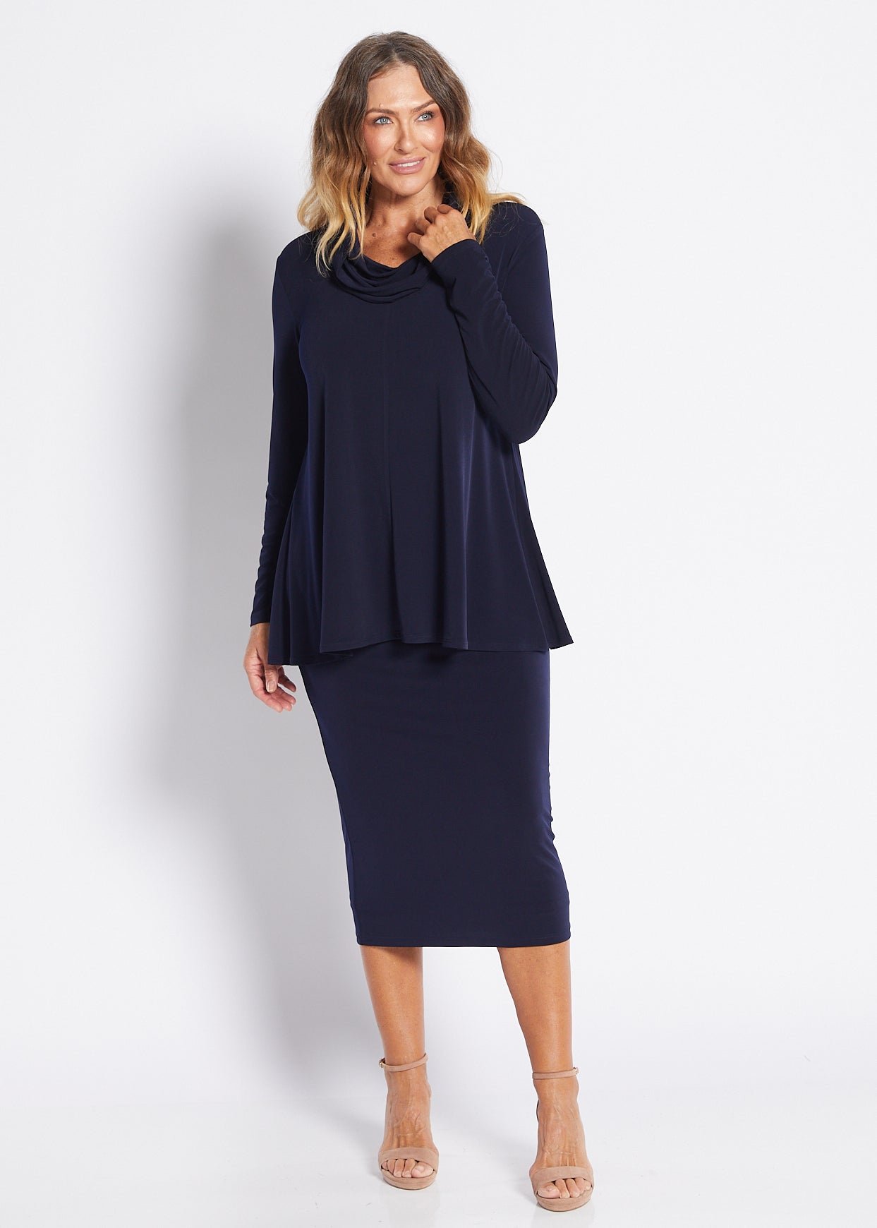 Jersey Midi Tube Skirt in Navy