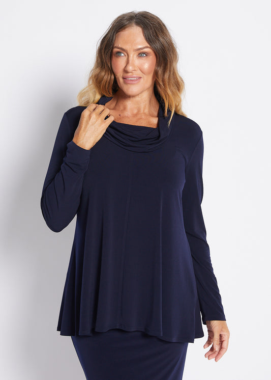 Jersey Cowl Swing Tunic in Navy