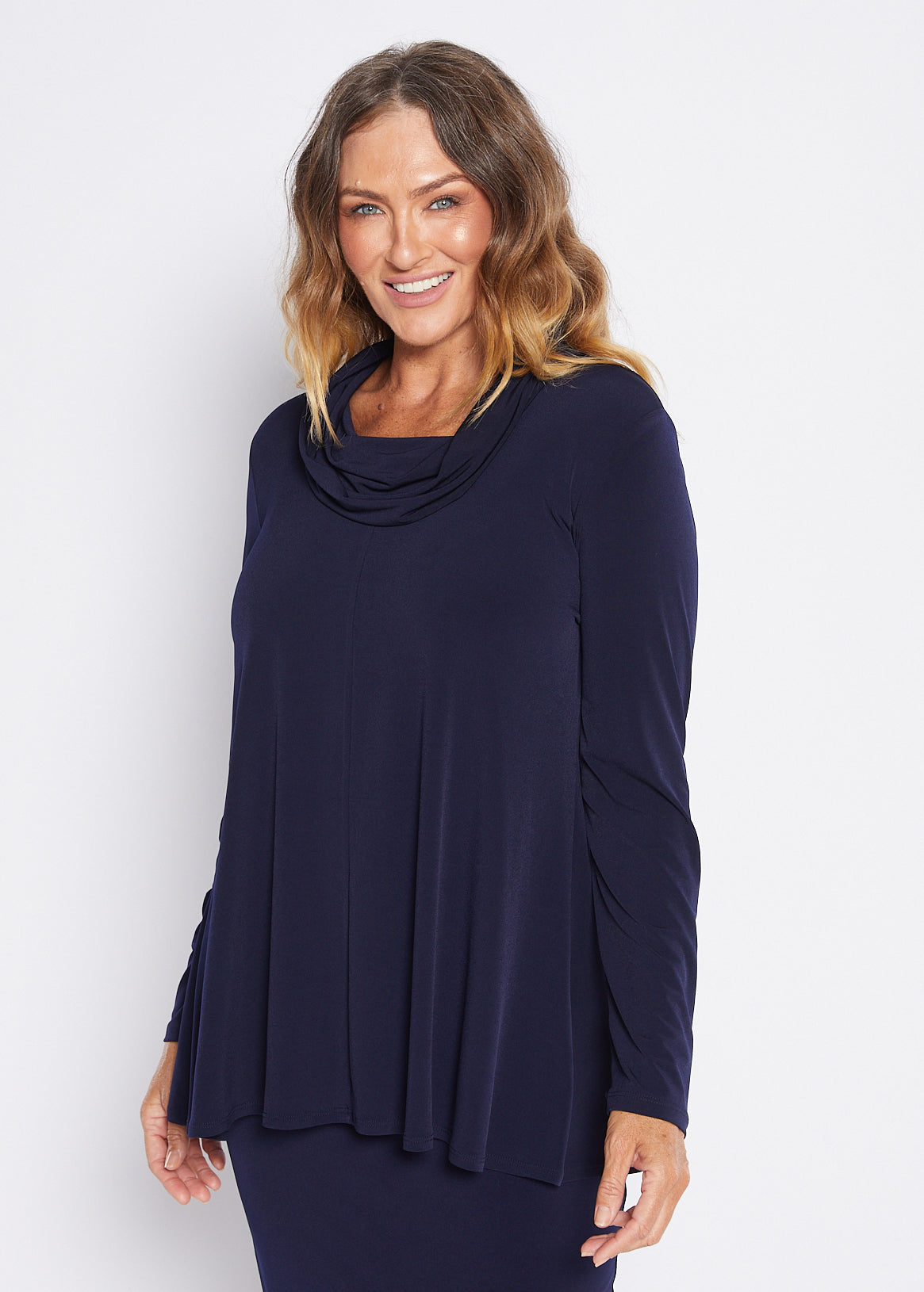 Jersey Cowl Swing Tunic in Navy