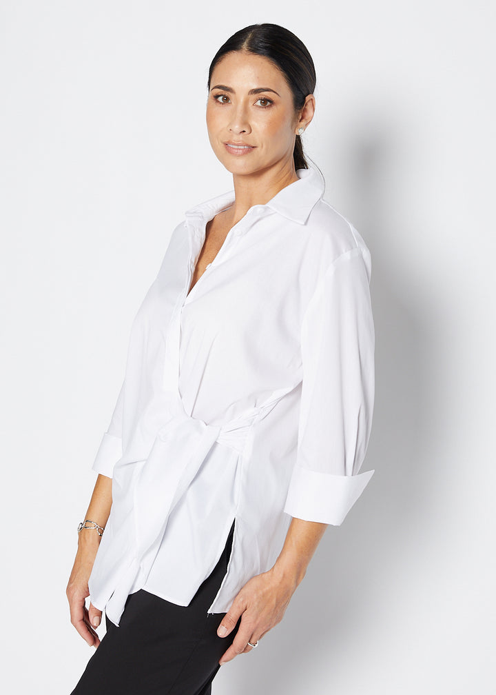 Decible City stretch cotton shirt in white, sustainable slow fashion ethically made in Australia by Philosophy Australia