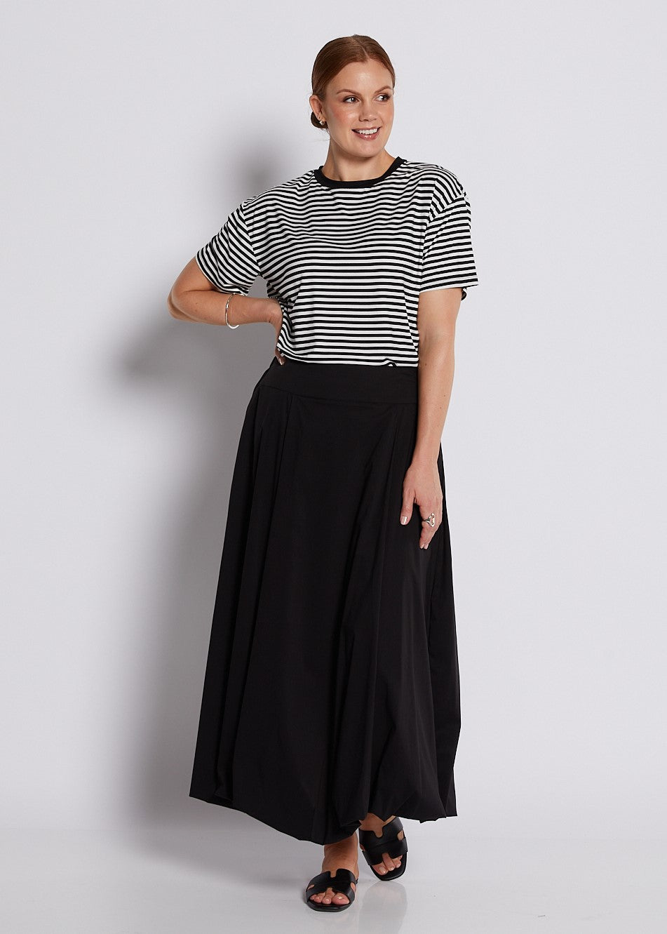 Cotton Maxi Bubble Skirt with Pockets in Black