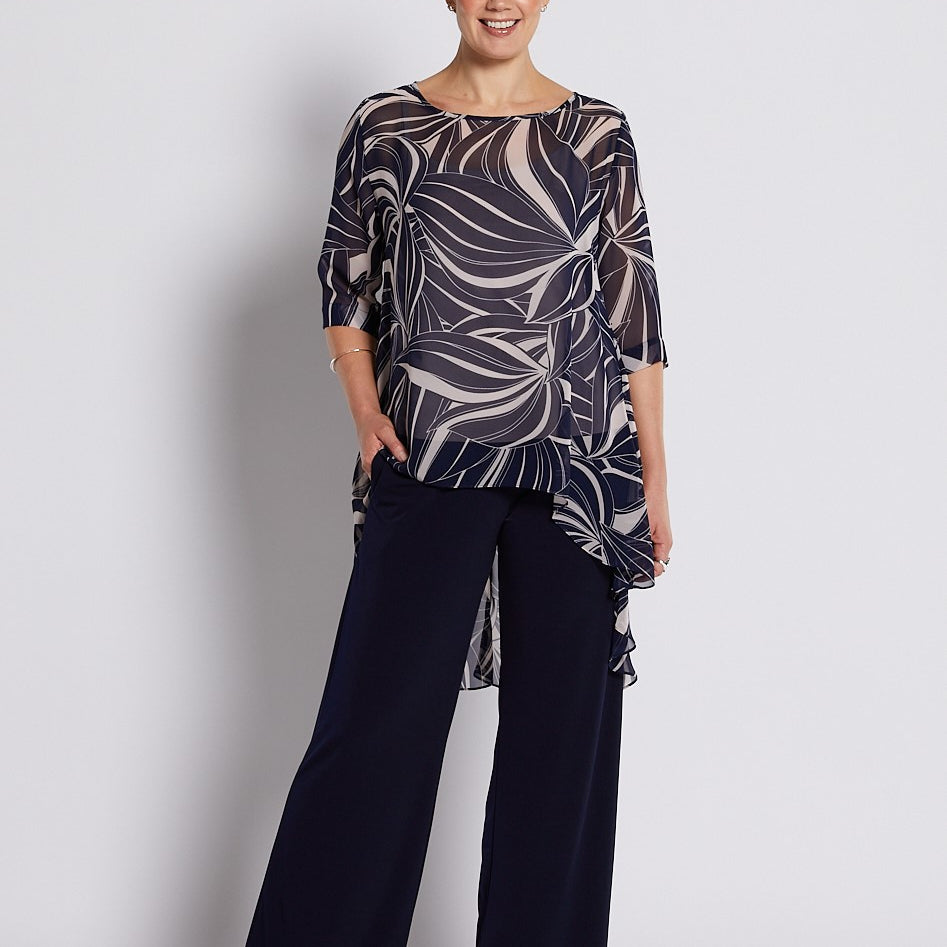 Chiffon Hi Lo Tunic in Champagne Navy Print
