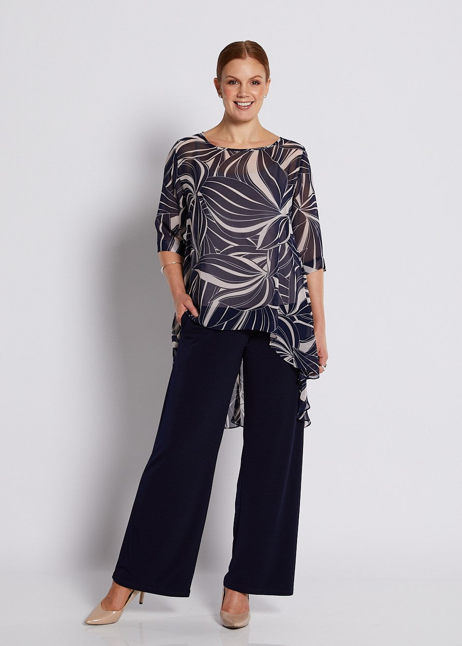 Chiffon Hi Lo Tunic in Champagne Navy Print