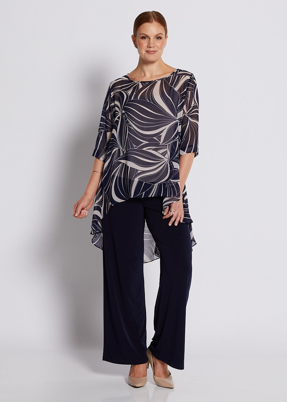 Chiffon Hi Lo Tunic in Champagne Navy Print