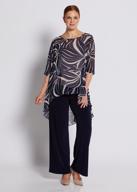 Chiffon Hi Lo Tunic in Champagne Navy Print