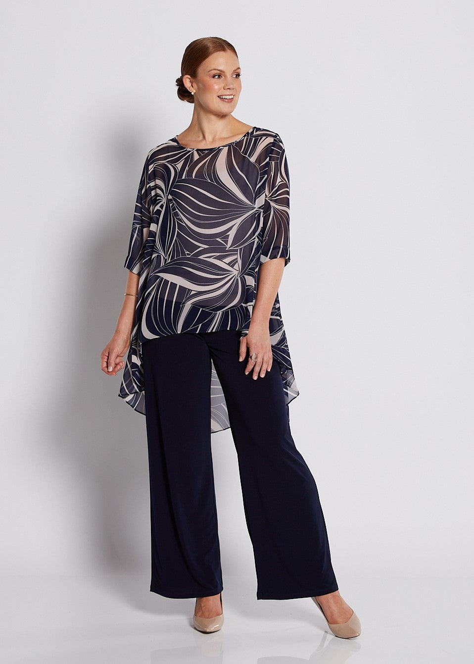 Chiffon Hi Lo Tunic in Champagne Navy Print