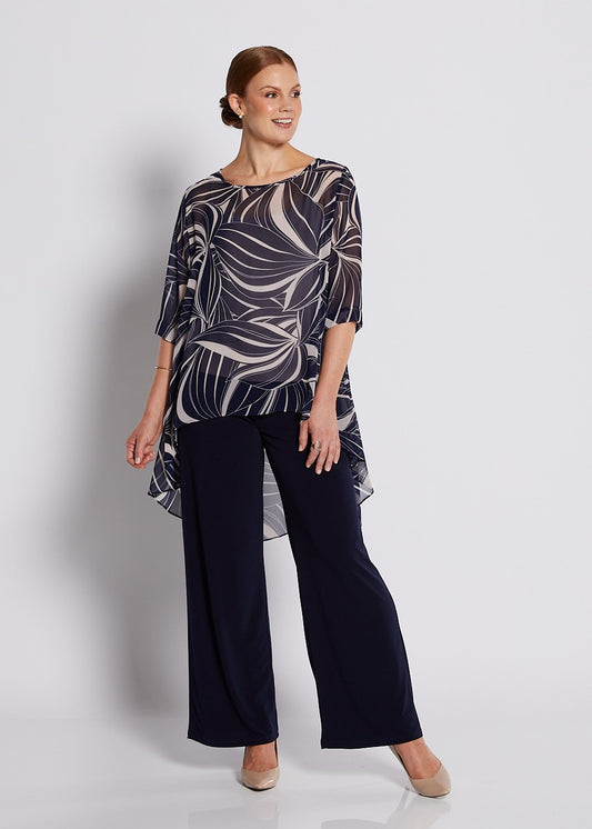 Chiffon Hi Lo Tunic in Champagne Navy Print