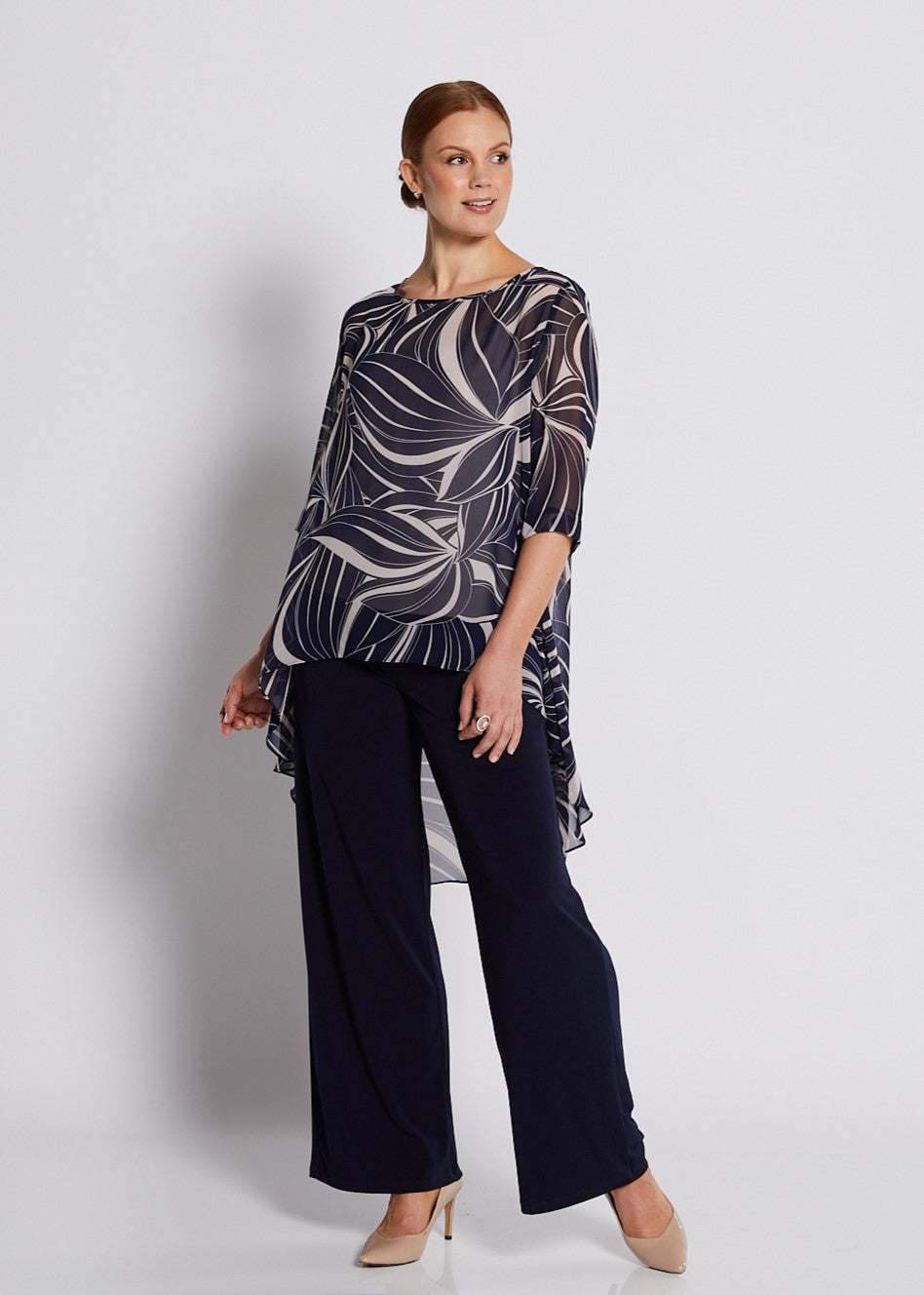 Chiffon Hi Lo Tunic in Champagne Navy Print