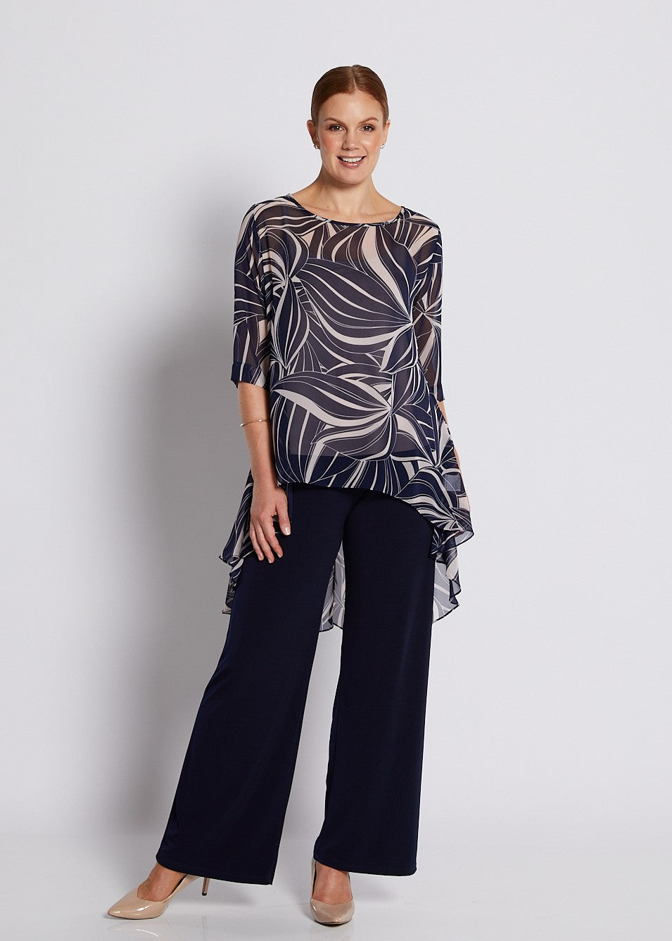 Chiffon Hi Lo Tunic in Champagne Navy Print